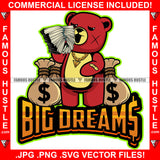 Big Dreams Red Teddy Bear Scar Face Gold Jewelry Necklace Cash Money Bags Bundles In Hand Hip Hop Rap Plug Trap Street Hood Ghetto Swag Thug Famous Hustle Baller Trapper Quote Art Graphic Design Logo T-Shirt Print Printing JPG PNG SVG Vector Cut File