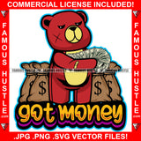 Got Money Red Teddy Bear Scar Face  Cash Money Spread Arms Bags Hip Hop Rap Plug Trap Street Hood Ghetto Swag Thug Famous Hustle Baller Trapper Quote Art Graphic Design Logo T-Shirt Print Printing JPG PNG SVG Vector Cut File