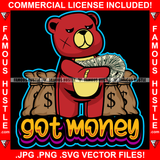 Got Money Red Teddy Bear Scar Face  Cash Money Spread Arms Bags Hip Hop Rap Plug Trap Street Hood Ghetto Swag Thug Famous Hustle Baller Trapper Quote Art Graphic Design Logo T-Shirt Print Printing JPG PNG SVG Vector Cut File