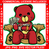 Money Never Sleeps Gangster Red Teddy Bear Scar Face Cash Spread Arms Bags Gold Jewelry Hip Hop Rap Plug Trap Street Hood Ghetto Swag Thug Famous Hustle Baller Trapper Art Graphic Design Logo T-Shirt Print Printing JPG PNG SVG Vector Cut File