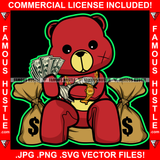 Money Never Sleeps Gangster Red Teddy Bear Scar Face Cash Spread Arms Bags Gold Jewelry Hip Hop Rap Plug Trap Street Hood Ghetto Swag Thug Famous Hustle Baller Trapper Art Graphic Design Logo T-Shirt Print Printing JPG PNG SVG Vector Cut File