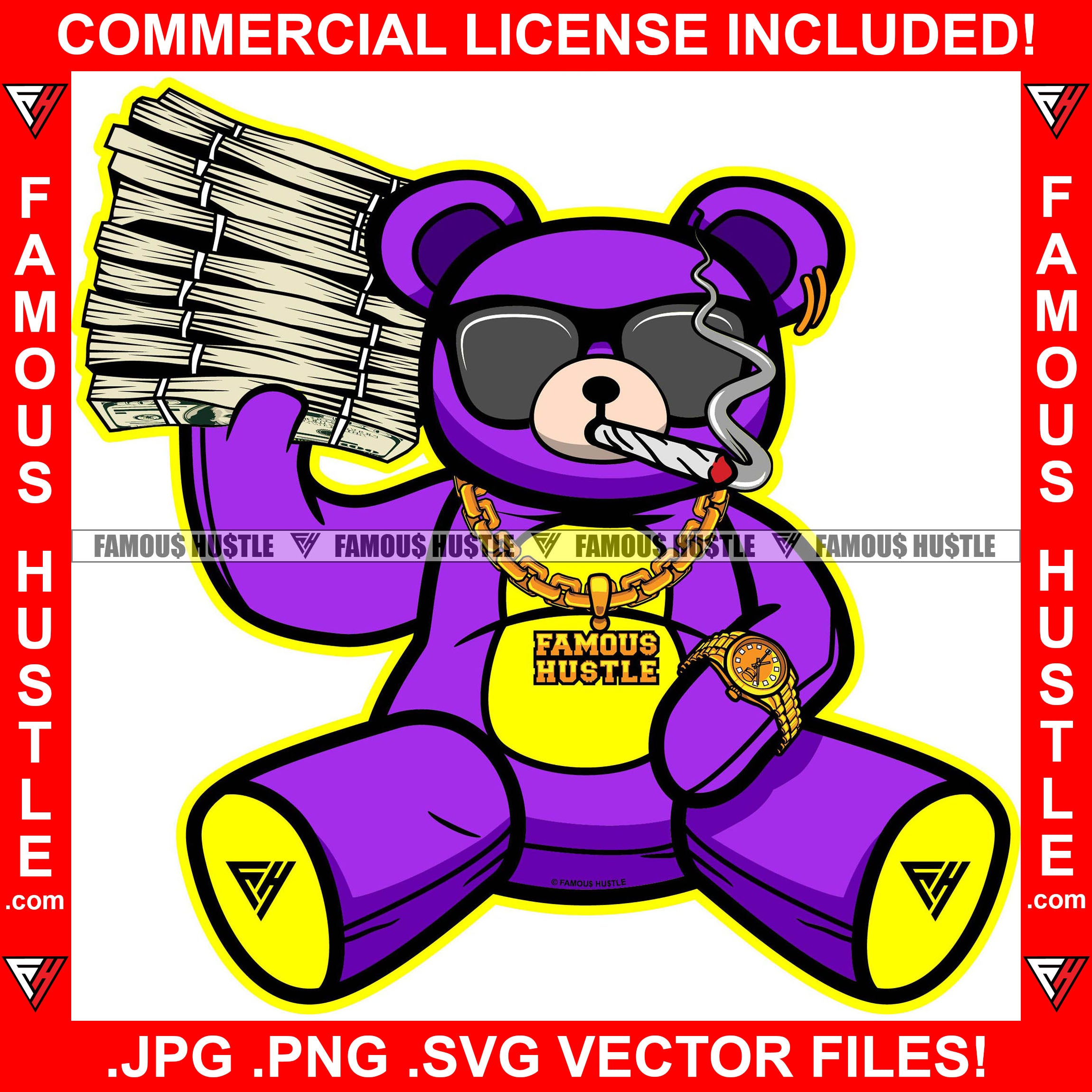Famous Hustle Teddy Bear Smoking Gold Necklace Watch Sunglasses Huge Cash Money Stack Hip Hop Rap Plug Trap Street Hood Ghetto Swag Thug Drip Dripping Gangster Hustler Art Graphic Design Logo T-Shirt Print Printing JPG PNG SVG Vector Cut File