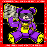 Famous Hustle Teddy Bear Smoking Gold Necklace Watch Sunglasses Huge Cash Money Stack Hip Hop Rap Plug Trap Street Hood Ghetto Swag Thug Drip Dripping Gangster Hustler Art Graphic Design Logo T-Shirt Print Printing JPG PNG SVG Vector Cut File