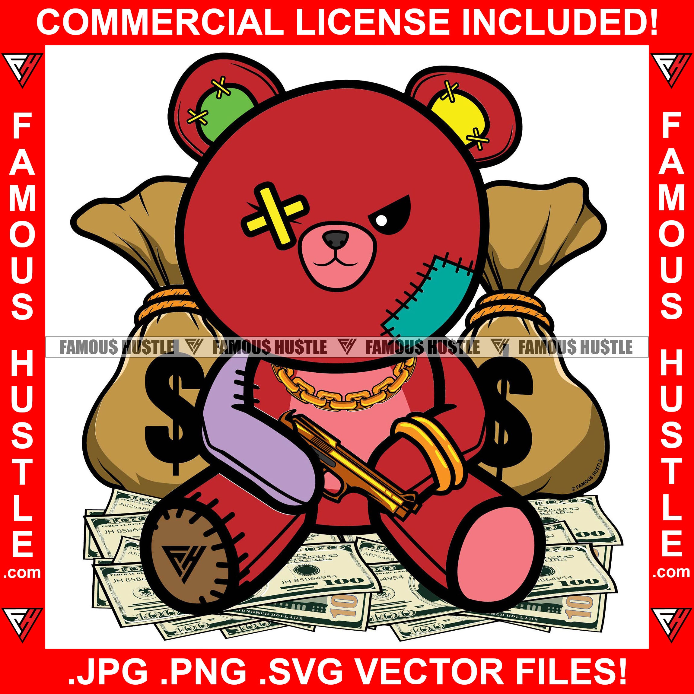 Gangster Teddy Bear Eye Patch Gold Gun Necklace Chain Jewelry Cash Money Bag Hip Hop Rap Rapper Plug Trap Street Hood Ghetto Swag Thug Hustler Hustling Drip Famous Hustle Rich Art Graphic Design Logo T-Shirt Print Printing JPG PNG SVG Vector Cut File