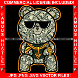 Hustle Teddy Bear Gold Necklace Chain Jewelry Made Of Cash Money Sunglasses Hip Hop Rap Rapper Plug Trap Street Hood Ghetto Swag Thug Hustler Hustling Flex Drip Famous Hustle Rich Art Graphic Design Logo T-Shirt Print Printing JPG PNG SVG Vector Cut File