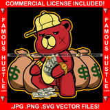 Swag Gangster Teddy Bear King Red Scar Face Gold Jewelry Cap Cash Bags Hip Hop Rap Rapper Plug Trap Street Hood Ghetto Swag Thug Hustler Hustling Famous Hustle Baller Trapper Art Graphic Design Logo T-Shirt Print Printing JPG PNG SVG Vector Cut File