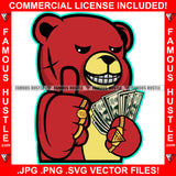 Famous Hustle Dripping Gangster Teddy Bear Red Scar Face Cash Money Hand Thumbs Up Sign Gold Rings Hip Hop Rap Rapper Plug Trap Street Hood Ghetto Swag Thug Baller Trapper Art Graphic Design Logo T-Shirt Print Printing JPG PNG SVG Vector Cut File