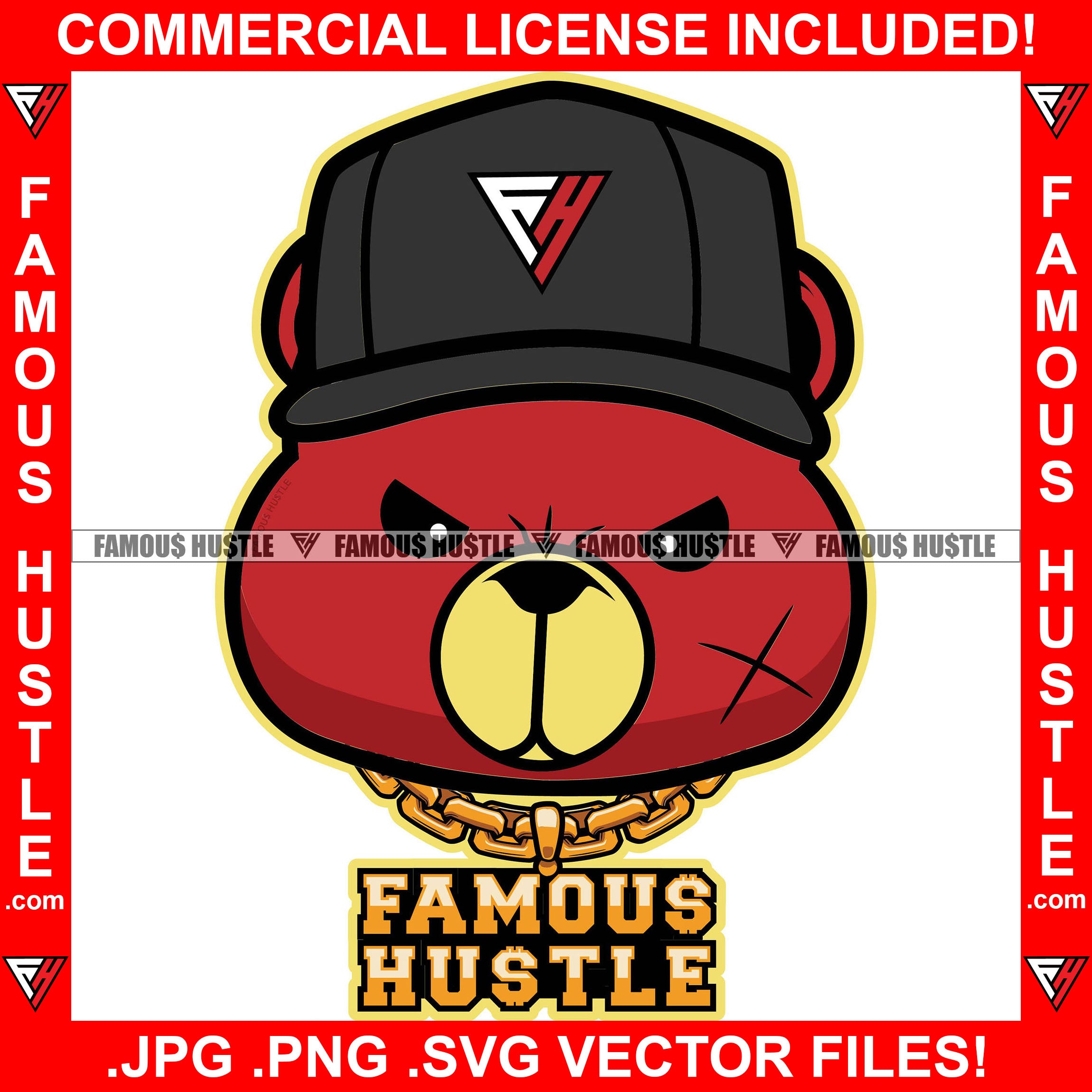 Famous Hustle Gangster Scar Face Red Teddy Bear Mean Face Gold Chain Necklace Jewelry Cap Hat Hip Hop Rap Trap Street Hood Ghetto Swag Hustler Hustling Baller Art Graphic Design Logo T-Shirt Print Printing JPG PNG SVG Vector Cut File