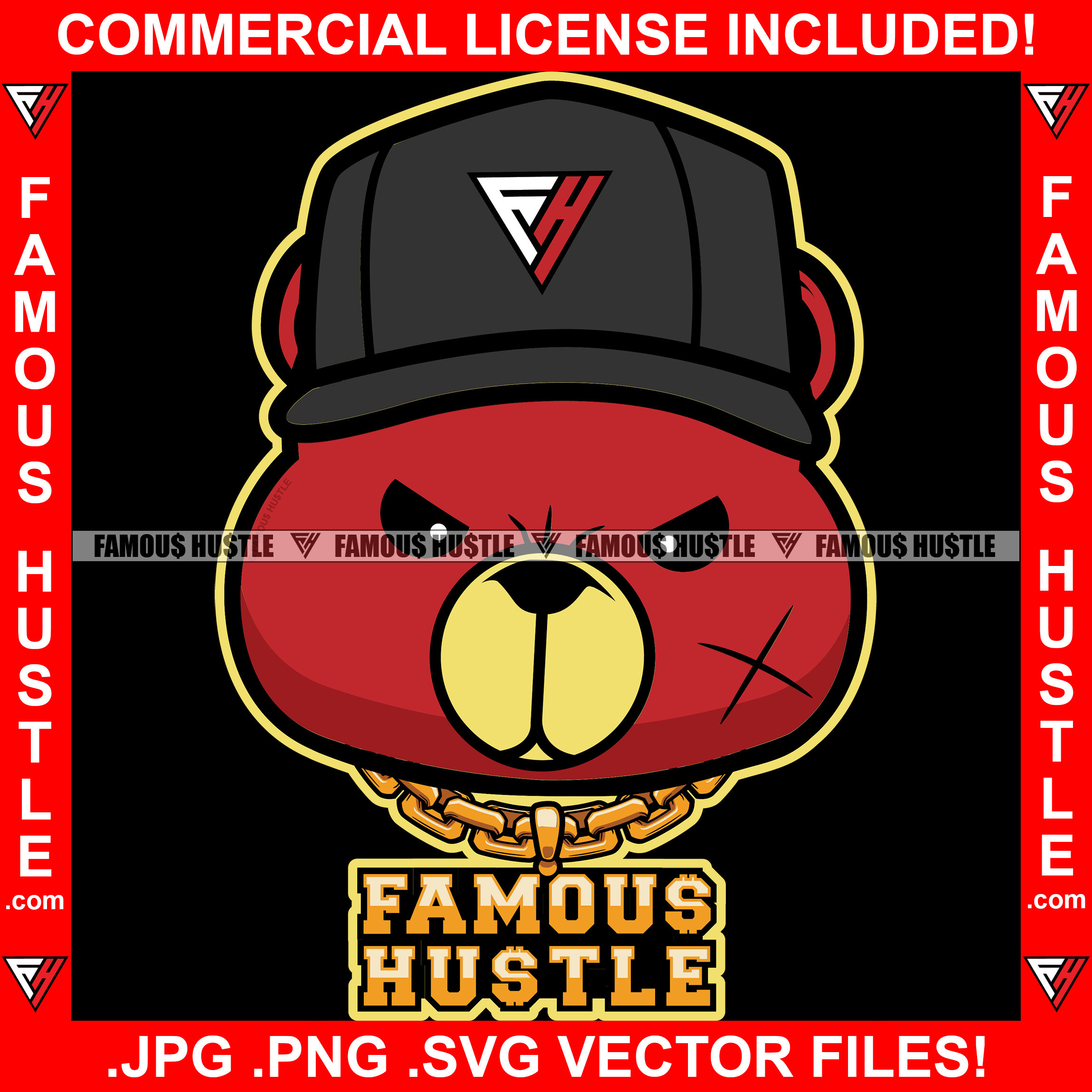 Famous Hustle Gangster Scar Face Red Teddy Bear Mean Face Gold Chain Necklace Jewelry Cap Hat Hip Hop Rap Trap Street Hood Ghetto Swag Hustler Hustling Baller Art Graphic Design Logo T-Shirt Print Printing JPG PNG SVG Vector Cut File