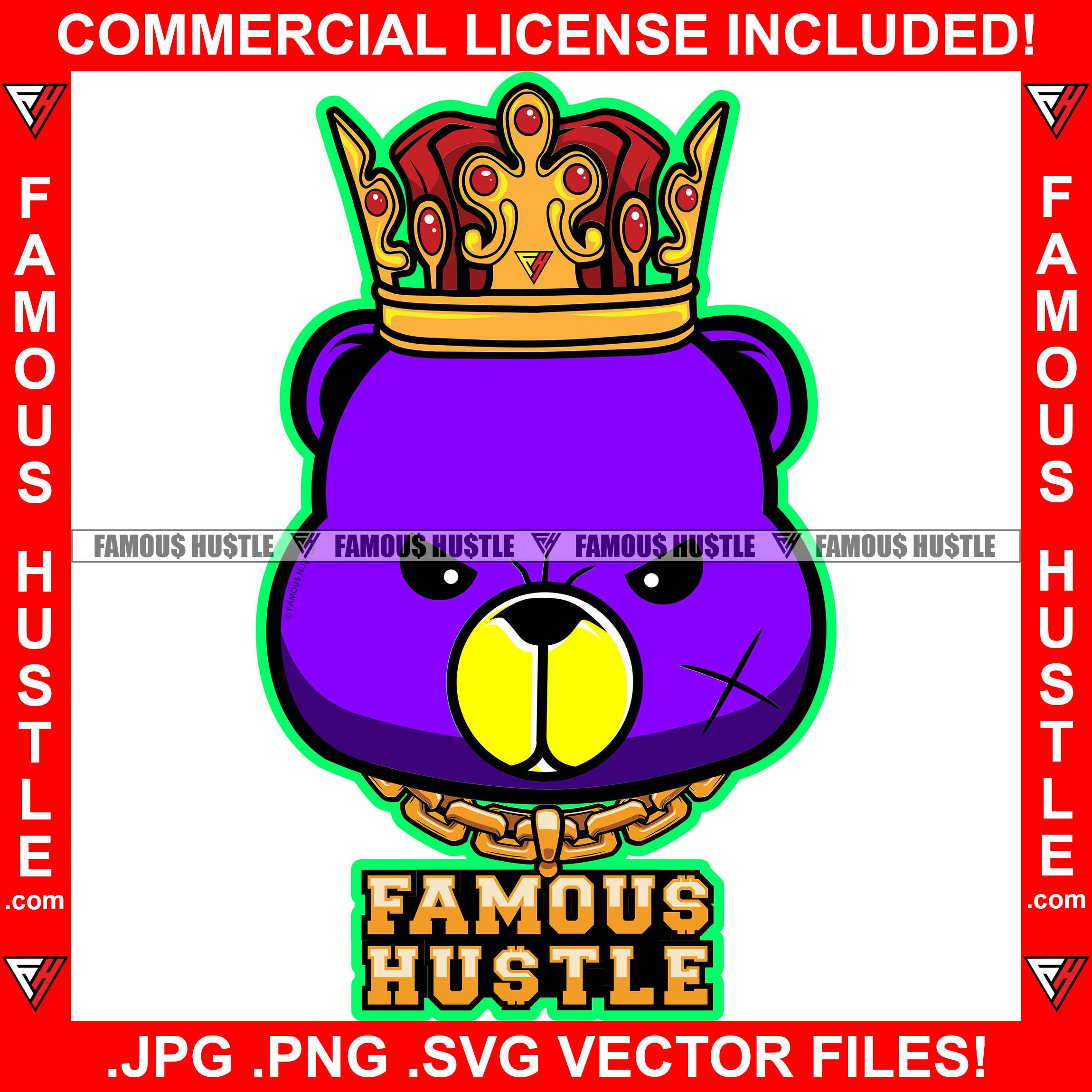 Famous Hustle Gangster Teddy Bear King Gold Chain Necklace Jewelry Tattoo Scar Face Purple Hip Hop Rap Hustler Boss Drip Swag Plug Trap Hood Hustler Hustling Quote Art Graphic Design Logo T-Shirt Print Printing JPG PNG SVG Vector Cut File