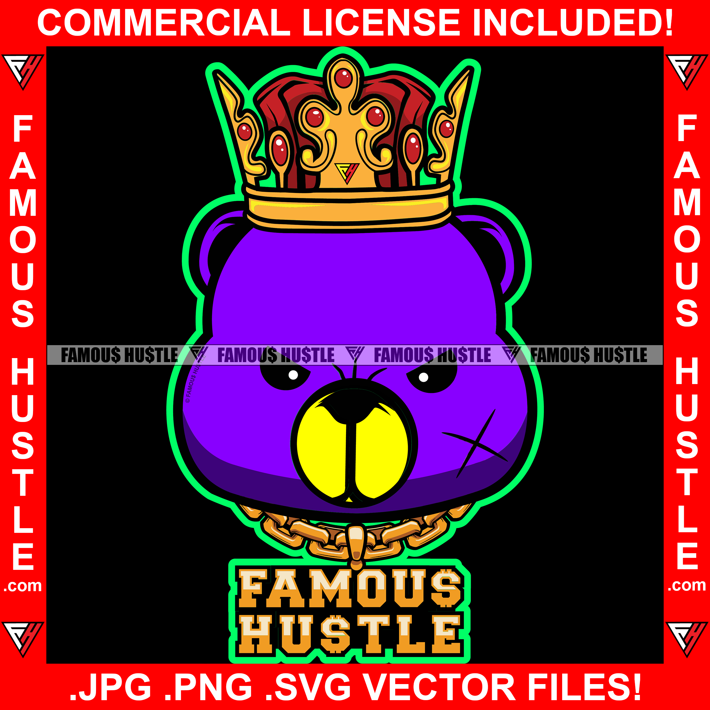 Famous Hustle Gangster Teddy Bear King Gold Chain Necklace Jewelry Tattoo Scar Face Purple Hip Hop Rap Hustler Boss Drip Swag Plug Trap Hood Hustler Hustling Quote Art Graphic Design Logo T-Shirt Print Printing JPG PNG SVG Vector Cut File