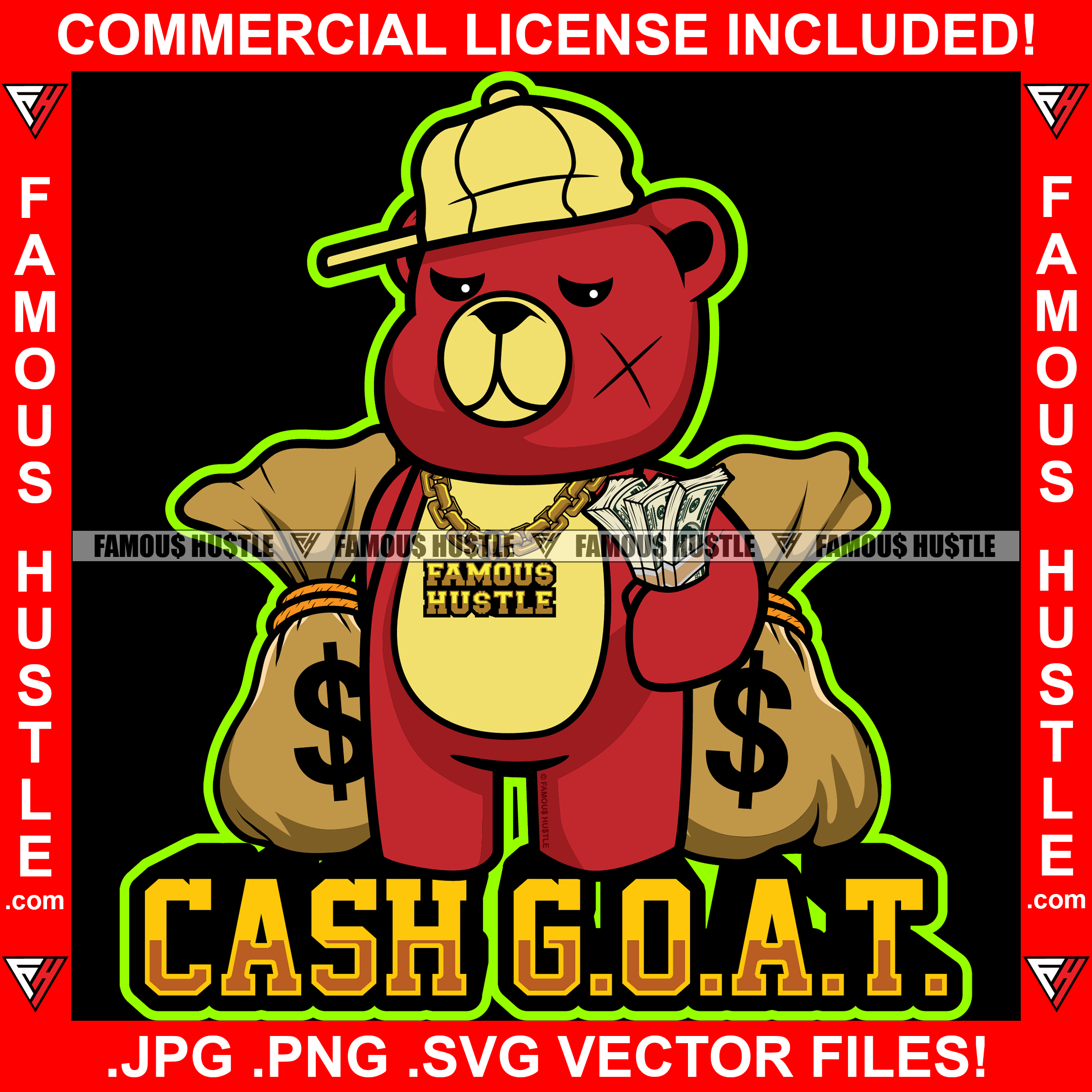 Cash G.O.A.T Gangster Red Teddy Bear Scar Angry Face Cap Money Bags Go ...