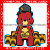 Money Talks Famous Hustle Gangster Red Teddy Bear Cap Plug Gold Coins Stack Necklace Hip Hop Rap Rapper Plug Trap Street Hood Ghetto Swag Thug Hustler Hustling Baller Trapper Art Graphic Design Logo T-Shirt Print Printing JPG PNG SVG Vector Cut File