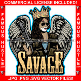 Savage Queen Sexy Gangster Lady Female Sunglasses Angel Wings Makeup Machine Gun Hip Hop Rap Plug Trap Street Hood Ghetto Swag Thug Hustler Hustling Famous Hustle Baller Quote Art Graphic Design Logo T-Shirt Print Printing JPG PNG SVG Vector Cut File