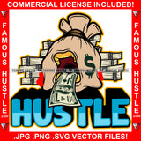 Hustle Money Bag Cartoon Character 100 Dollar Bill Tongue Gold Teeth Cash Bundles Stack Tattoo Plug Hood Ghetto Swag Thug Drip Dripping Baller Rich Quote Art Graphic Design Logo T-Shirt Print Printing JPG PNG SVG Vector Cut File