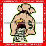 Famous Hustle Money Bag Cartoon Character 100 Dollar Bill Tongue Gold Teeth Cash Tattoo Plug Hood Ghetto Swag Thug Drip Dripping Baller Rich Art Graphic Design Logo T-Shirt Print Printing JPG PNG SVG Vector Cut File