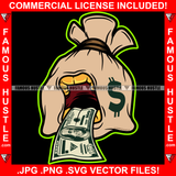 Famous Hustle Money Bag Cartoon Character 100 Dollar Bill Tongue Gold Teeth Cash Tattoo Plug Hood Ghetto Swag Thug Drip Dripping Baller Rich Art Graphic Design Logo T-Shirt Print Printing JPG PNG SVG Vector Cut File