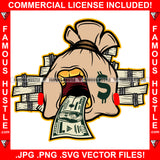 Hustle Money Bag Cartoon Character 100 Dollar Bill Tongue Gold Teeth Cash Bundles Stack Tattoo Plug Hood Ghetto Swag Thug Drip Dripping Baller Rich Art Graphic Design Logo T-Shirt Print Printing JPG PNG SVG Vector Cut File