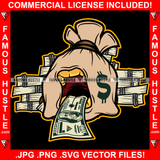 Hustle Money Bag Cartoon Character 100 Dollar Bill Tongue Gold Teeth Cash Bundles Stack Tattoo Plug Hood Ghetto Swag Thug Drip Dripping Baller Rich Art Graphic Design Logo T-Shirt Print Printing JPG PNG SVG Vector Cut File