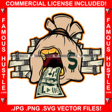 Famous Hustle Money Bag Cartoon Character 100 Dollar Bill Tongue Gold Teeth Cash Bundles Stack Tattoo Plug Hood Ghetto Swag Thug Drip Dripping Baller Rich Art Graphic Design Logo T-Shirt Print Printing JPG PNG SVG Vector Cut File