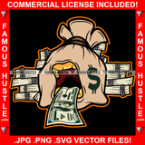 Famous Hustle Money Bag Cartoon Character 100 Dollar Bill Tongue Gold Teeth Cash Bundles Stack Tattoo Plug Hood Ghetto Swag Thug Drip Dripping Baller Rich Art Graphic Design Logo T-Shirt Print Printing JPG PNG SVG Vector Cut File