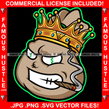 King Cash Money Bag Dollar Sign Eyes Cigar Smoking Angry Face Hip Hop Rap Rapper Plug Trap Street Hood Ghetto Swag Thug Hustler Hustling Famous Hustle Baller Trapper Art Graphic Design Logo T-Shirt Print Printing JPG PNG SVG Vector Cut File
