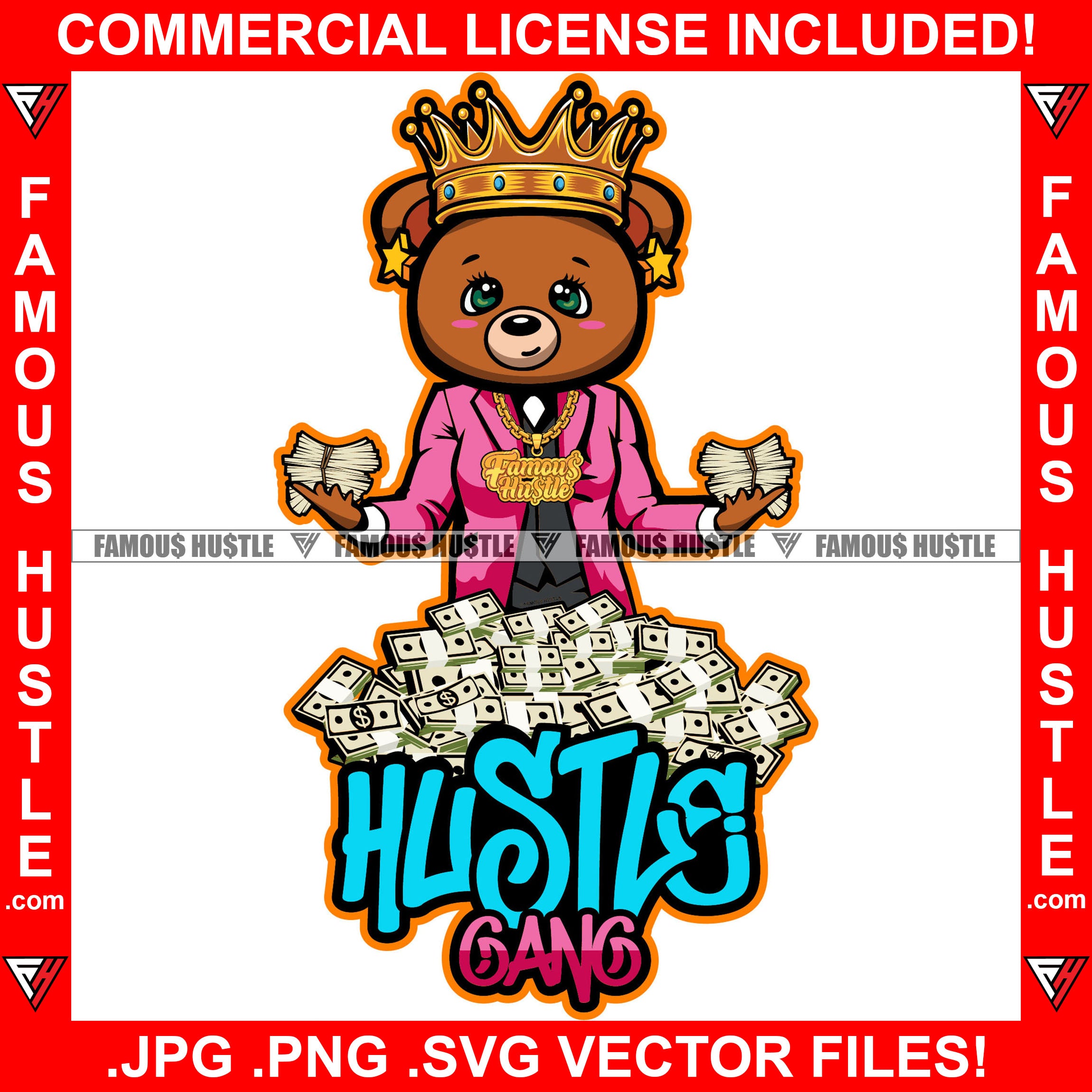 Hustle Gang Cute Famous Gangster Teddy Bear Queen Female Woman Gold Jewelry Pink Bow Money Cash Bundles Hip Hop Rap Trap Street Lady Rich Swag Plug Trap Hood Thug Girl Quote Art Graphic Design Logo T-Shirt Print Printing JPG PNG SVG Vector Cut File