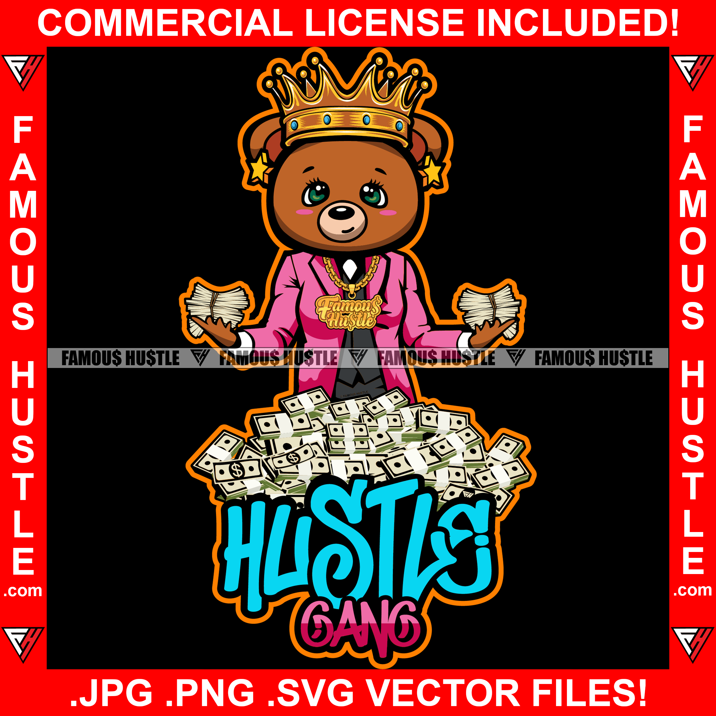Hustle Gang Cute Famous Gangster Teddy Bear Queen Female Woman Gold Jewelry Pink Bow Money Cash Bundles Hip Hop Rap Trap Street Lady Rich Swag Plug Trap Hood Thug Girl Quote Art Graphic Design Logo T-Shirt Print Printing JPG PNG SVG Vector Cut File