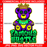 Famous Hustle King Gangster Purple Teddy Bear Button X Eyes Gold Jewelry Necklace Chain Crown Bracelet Hip Hop Rap Rapper Plug Trap Street Hood Ghetto Neon Colors Quote Art Graphic Design Logo T-Shirt Print Printing JPG PNG SVG Vector Cut File
