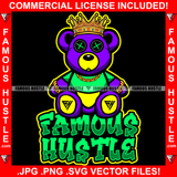 Famous Hustle King Gangster Purple Teddy Bear Button X Eyes Gold Jewelry Necklace Chain Crown Bracelet Hip Hop Rap Rapper Plug Trap Street Hood Ghetto Neon Colors Quote Art Graphic Design Logo T-Shirt Print Printing JPG PNG SVG Vector Cut File