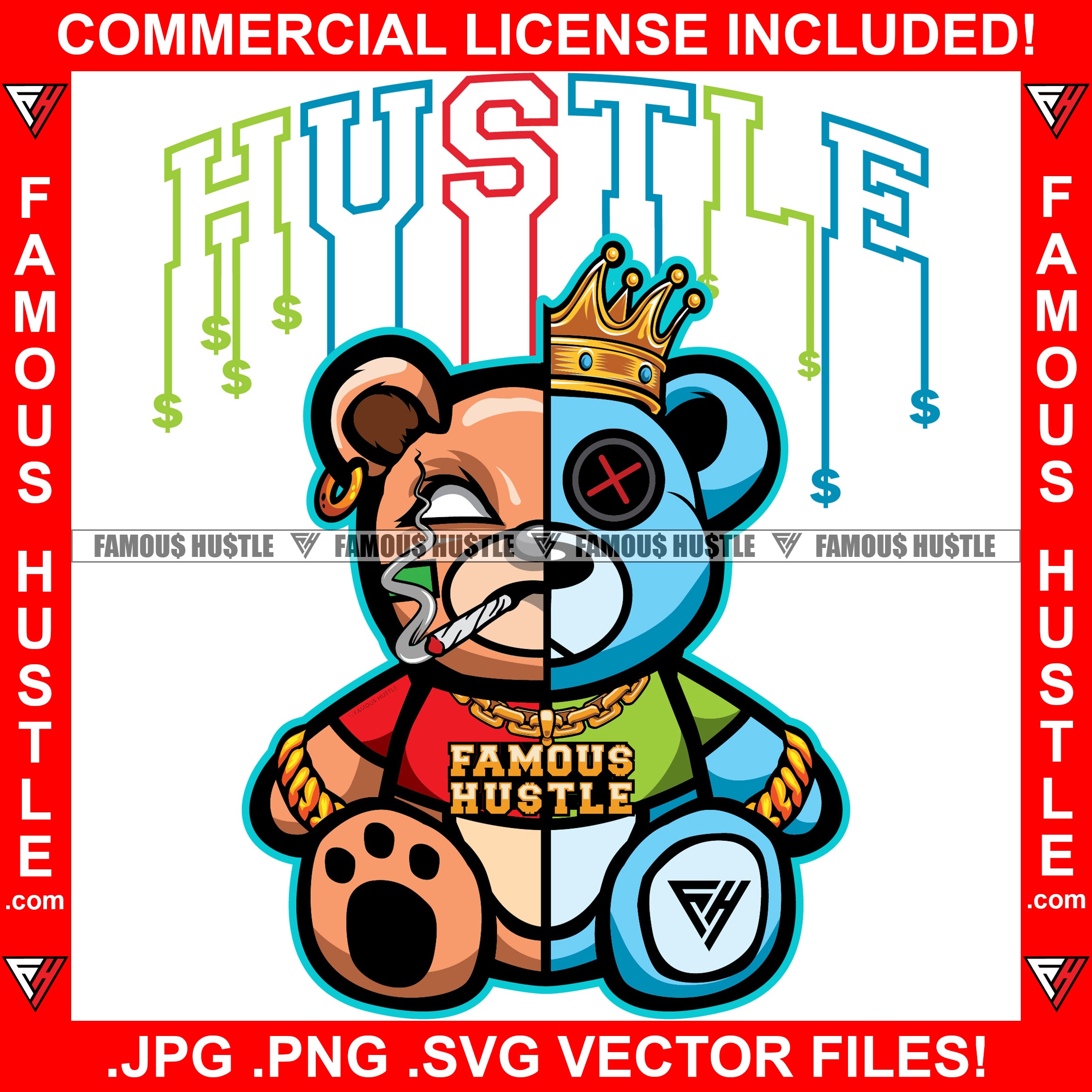 Hustle Gangster Two Face Teddy King Crown Smoking Marijuana Joint Gold Chain Necklace Bracelet Jewelry Tattoo Hip Hop Rap Hustler Drip Trap Hood Thug Street Famous Hustle Quote Art Graphic Design Logo T-Shirt Print Printing JPG PNG SVG Vector Cut File