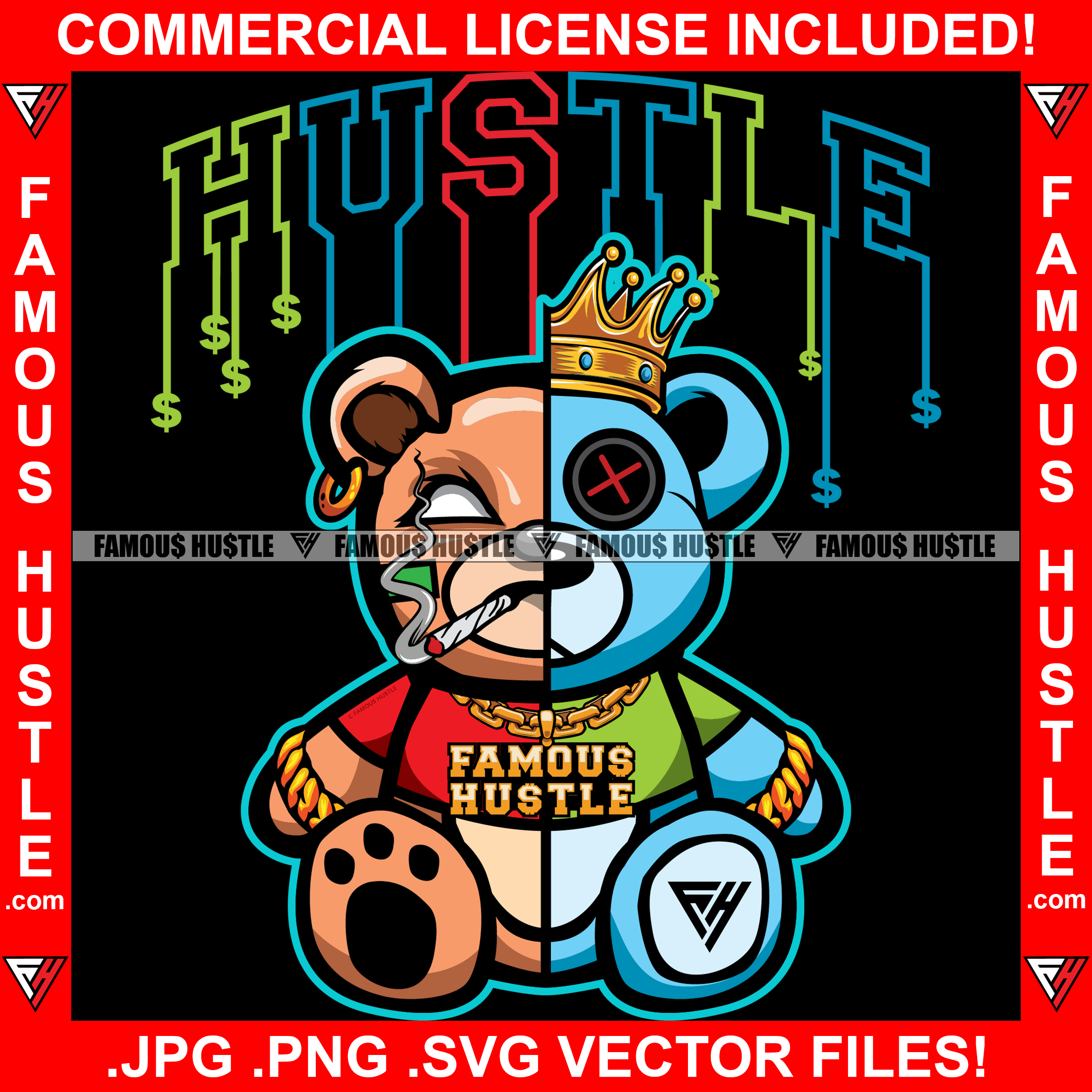 Hustle Gangster Two Face Teddy King Crown Smoking Marijuana Joint Gold Chain Necklace Bracelet Jewelry Tattoo Hip Hop Rap Hustler Drip Trap Hood Thug Street Famous Hustle Quote Art Graphic Design Logo T-Shirt Print Printing JPG PNG SVG Vector Cut File