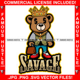 Savage Famous Hustle Gangster King Teddy Bear Wearing Gold Necklace Luxury Cash Money Bag Hip Hop Rap Rapper Plug Trap Street Hood Ghetto Swag Thug Hustler Hustling Flex Drip Quote Art Graphic Design Logo T-Shirt Print Printing JPG PNG SVG Vector Cut File