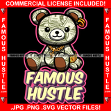 Famous Hustle Gangster Teddy Bear Made From Cash Dollar $100 Bill Pattern Money Wearing Gold Watch Earrings Tattoo Hip Hop Rap Trap Street Hood Ghetto Hustler Hustling Drip Quote Art Graphic Design Logo T-Shirt Print Printing JPG PNG SVG Vector Cut File