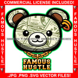 Famous Hustle Gangster Teddy Bear Made From Cash Dollar $100 Bill Pattern Money Wearing Gold Earrings Tattoo Hip Hop Rap Plug Trap Street Hood Ghetto Hustler Hustling Drip Boss Rich Art Graphic Design Logo Print Printing Vector SVG Cut File