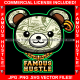 Famous Hustle Gangster Teddy Bear Made From Cash Dollar $100 Bill Pattern Money Wearing Gold Earrings Tattoo Hip Hop Rap Plug Trap Street Hood Ghetto Hustler Hustling Drip Boss Rich Art Graphic Design Logo Print Printing Vector SVG Cut File