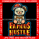 Famous Hustle Teddy Bear Cute Gangster Made From Cash Dollar $100 Bill Pattern Money Baseball Cap Gold Watch Earrings Tattoo Rap Plug Trap Street Hustler Drip Rich Quote Art Graphic Design Logo T-Shirt Print Printing JPG PNG SVG Vector Cut File