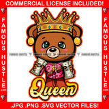Queen Female Hustle Teddy Bear Crown Gold Jewelry Cash Money Stacks Two Hands Famous Tattoo Hip Hop Rap Hustler Drip Trap Hood Thug Gang Street Mafia Mob Ghetto Famous Hustle Quote Art Graphic Design Logo T-Shirt Print Printing JPG PNG SVG Vector Cut File
