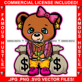 Talk Less Smile More Cute Famous Hustle Gangster Female Teddy Bear Woman Counting Money Cash Bags Gold Jewelry Pink Bow Hip Hop Rap Trap Street Girl Hood Lady Baller Art Graphic Design Logo T-Shirt Print Printing JPG PNG SVG Vector Cut File