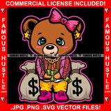 Talk Less Smile More Cute Famous Hustle Gangster Female Teddy Bear Woman Counting Money Cash Bags Gold Jewelry Pink Bow Hip Hop Rap Trap Street Girl Hood Lady Baller Art Graphic Design Logo T-Shirt Print Printing JPG PNG SVG Vector Cut File