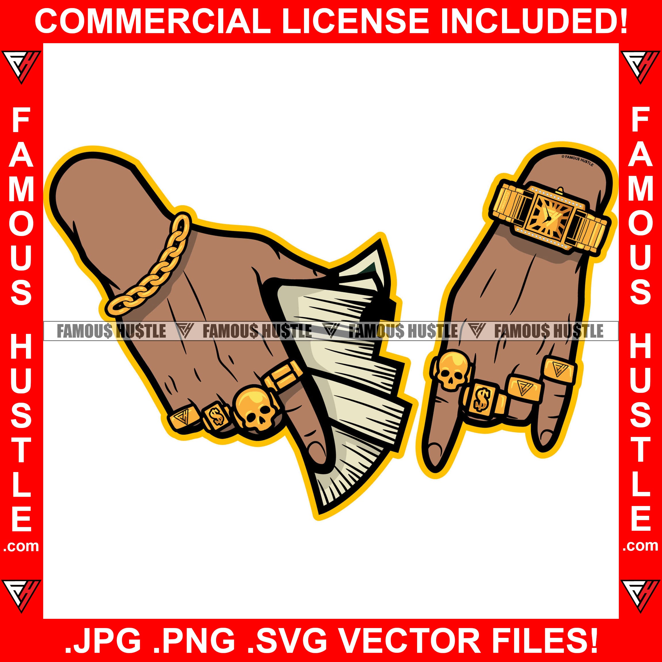 Rich Hands Holding Big Cash Money Stacks Gold Jewelry Watch Dollar Sign Rings Rich Gangster Thug Hip Hop Rap Drip Swag Plug Trap Hood Thug Street Tattoo Cartoon Character Ghetto Art Graphic Design Logo T-Shirt Print Printing JPG PNG SVG Vector Cut File