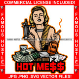 Hot Mess Sexy Woman Tattooed Lady Machine Gun Marijuana Cigarette Joint Blunt Cash Money Stacks Girl Poker Lady Hip Hop Rap Street Designer Fashion Hustler Quote Pinup Pin Up Art Graphic Design Print Printing Vector SVG Cut File