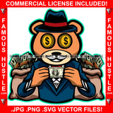 Gangster Blood Boss Teddy Bear Suit Gold Coin Dollar Sign Eyes Cash Money Bags Bundles Hip Hop Rap Plug Trap Street Hood Ghetto Swag Thug Famous Hustle Baller Trapper Art Graphic Design Logo T-Shirt Print Printing JPG PNG SVG Vector Cut File