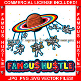 Famous Hustle Merry-Go-Around Astronauts Cash Money Bags Spaceman Spacemen Flying Around Rainbow Color Saturn Rings Outer Space UFO Sci-Fi Fantasy Illustration Artwork Art Graphic Design Logo T-Shirt Print Printing JPG PNG SVG Vector Cut File