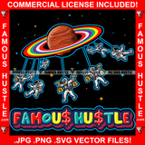 Famous Hustle Merry-Go-Around Astronauts Cash Money Bags Spaceman Spacemen Flying Around Rainbow Color Saturn Rings Outer Space UFO Sci-Fi Fantasy Illustration Artwork Art Graphic Design Logo T-Shirt Print Printing JPG PNG SVG Vector Cut File