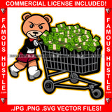 Famous Hustle Gangster Teddy Bear Tuxedo Suit Pushing Shopping Cart Full Of Cash Money Bundles Stacks Rich Shirt Tattoo Hip Hop Rap Hustler Hustling Famous Hustle Art Graphic Design Logo T-Shirt Print Printing JPG PNG SVG Vector Cut File