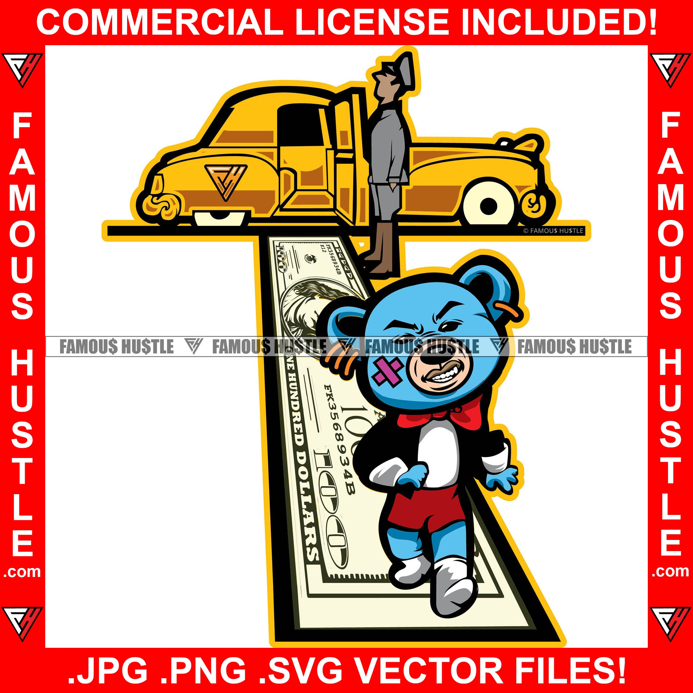 Rich Hustle Gangster Teddy Bear Walking $100 Dollar Bill Cash Money Carpet Luxury Gold Car Hip Hop Rap Plug Trap Street Hood Ghetto Swag Hustler Hustling Drip Savage Boss Famous Hustle Quote Art Graphic Design Print Printing Vector SVG Cut File