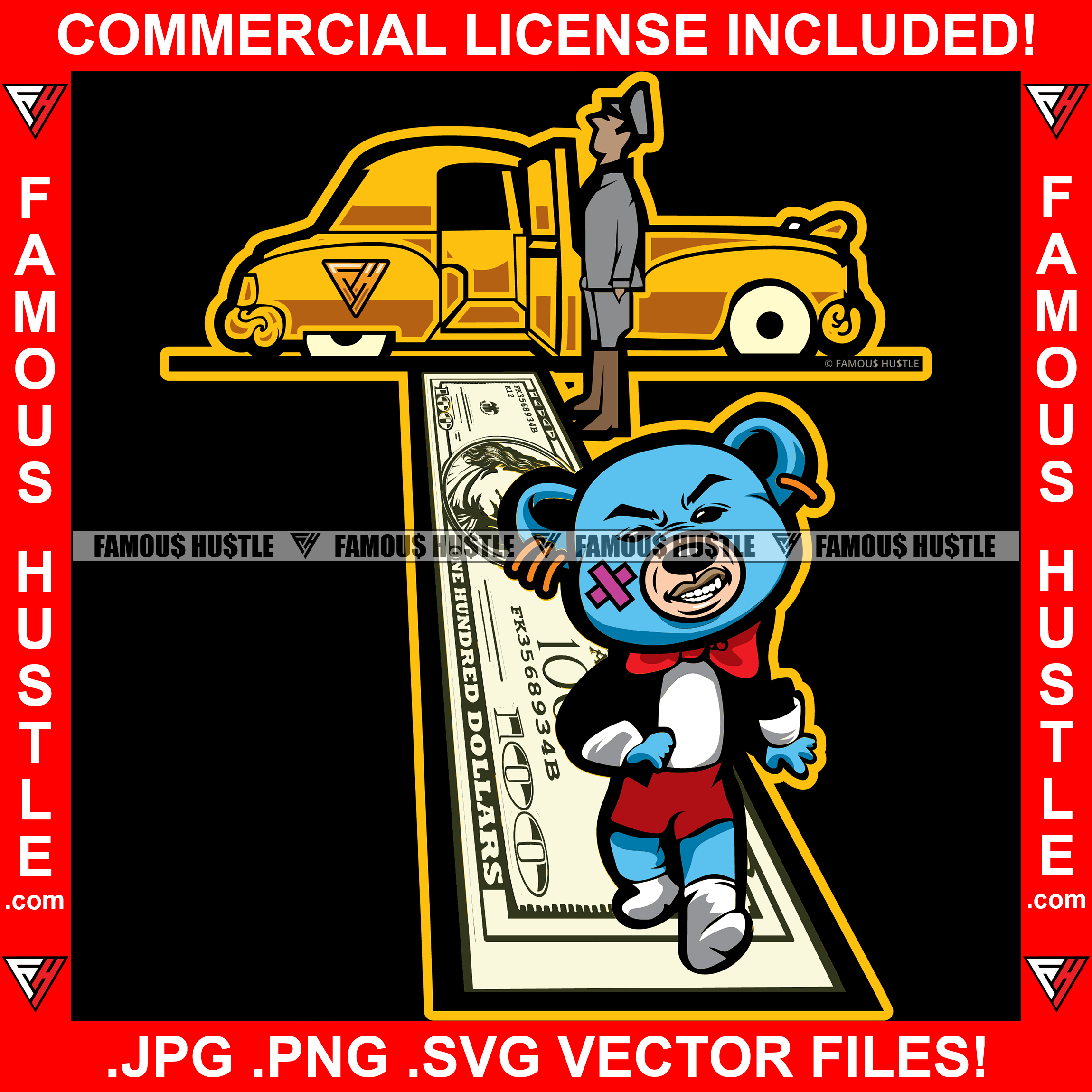 Rich Hustle Gangster Teddy Bear Walking $100 Dollar Bill Cash Money Carpet Luxury Gold Car Hip Hop Rap Plug Trap Street Hood Ghetto Swag Hustler Hustling Drip Savage Boss Famous Hustle Quote Art Graphic Design Print Printing Vector SVG Cut File