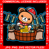 Famous Hustle Gangster Teddy Bear Suit Cap Washing Cash Money Bundle Stacks In Laundry Bucket Bags White No Eyes Gold Teeth Hip Hop Rap Hustler Hustling Art Graphic Design Logo T-Shirt Print Printing JPG PNG SVG Vector Cut File