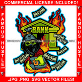 Bank Building On Fire Gangster Money Bag Skull Cartoon Character Bandanna Face Mask Hooded Stealing Cash Bags Tattoo Hip Hop Rap Trap Hustler Famous Hustle Hustling Art Graphic Design Logo T-Shirt Print Printing JPG PNG SVG Vector Cut File